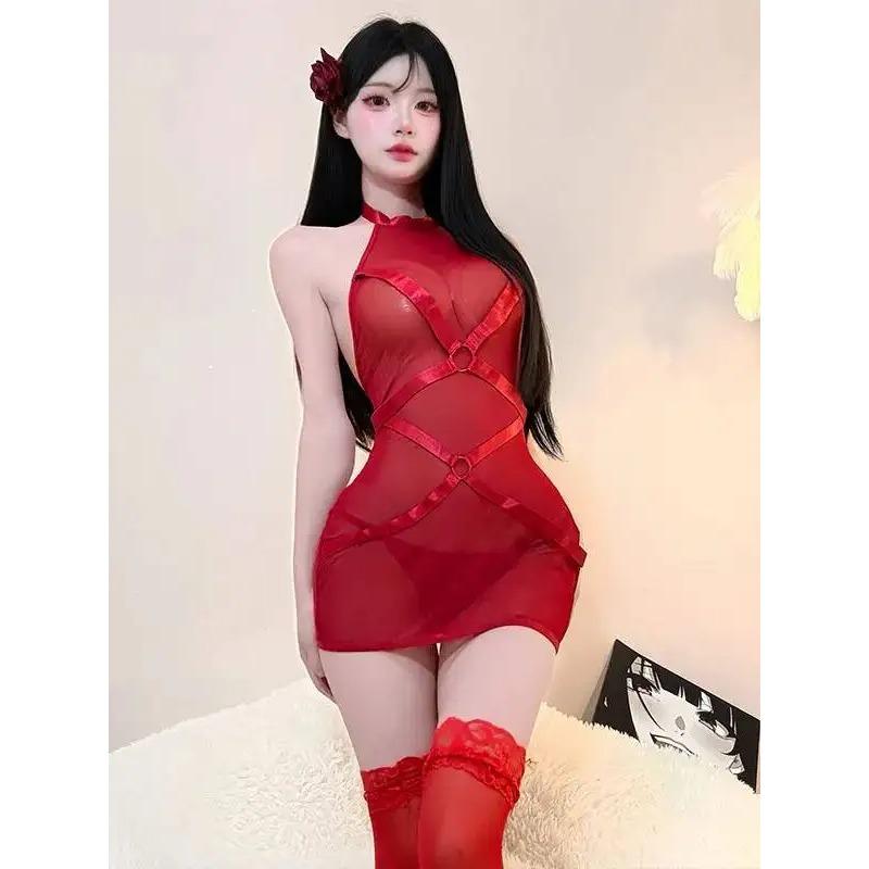 Сексуальная горячая девушка Сетчатый пэчворк Цельный с завязками Пижама Прозрачное Открывающее бедра Униформа Ночная сорочка Платье Элегантная мода AOF9