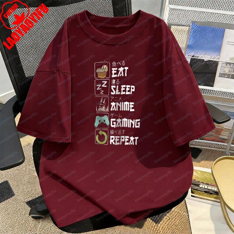 Eat Sleep Anime Gaming Repeat Pattern Funny Tops Anime Otaku Gift Retro Tee Creative Trend Casual Style Camisetas Shirt for Men