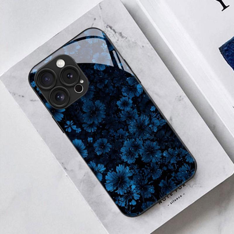Deep Blue Floral Pattern Tempered Glass Phone Case For Samsung Galaxy S26 S25 S24 S23 Ultra Plus FE Shockproof Cover