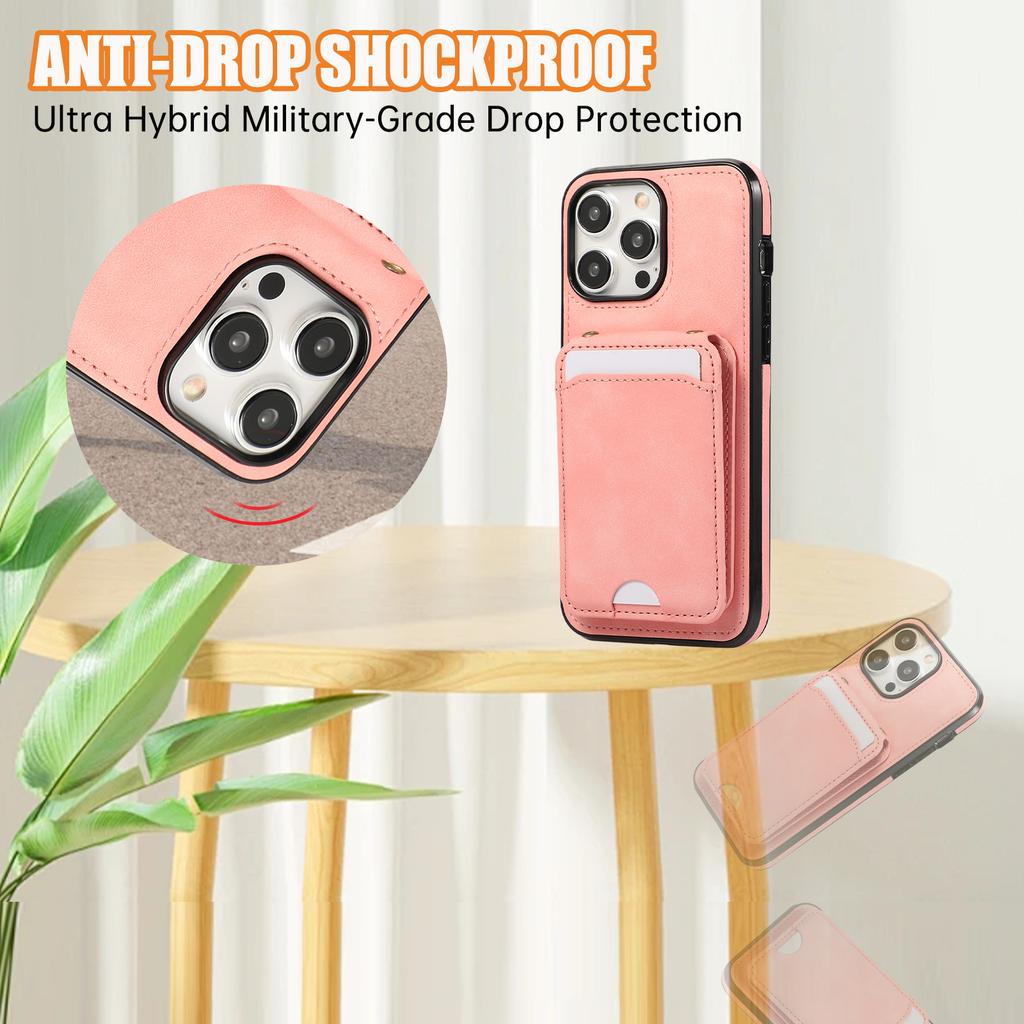 For iPhone 15 Pro Max Case Card Holder Kickstand Leather+TPU Phone Cover with Shoulder Strap