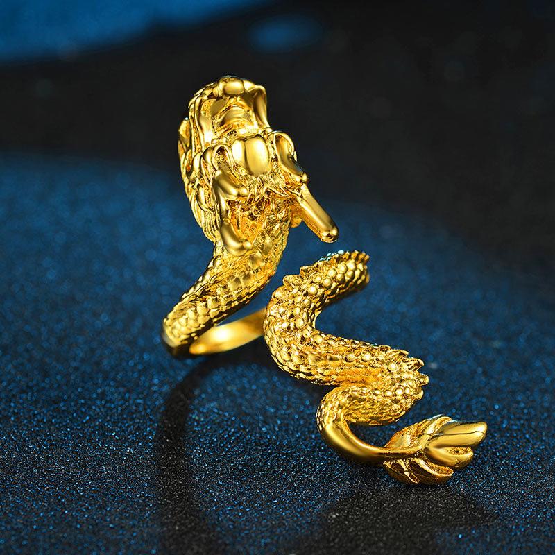 Открытое кольцо 'Голова дракона' Унисекс 24K Золото Au999 - Насыщенный золотой блеск дракона, Открытый дизайн, удобный для руки, Мягкое 24K, Надежное Au999