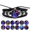 Retro Leather Rope Braided Gem Bracelet Set: Zodiac Constellations Theme.