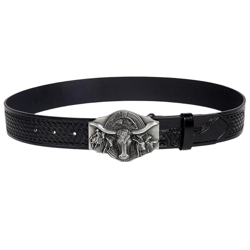 In-Stock Western Bull Head Buckle Leather Belt - Trendy Retro Punk Style for Men & Women