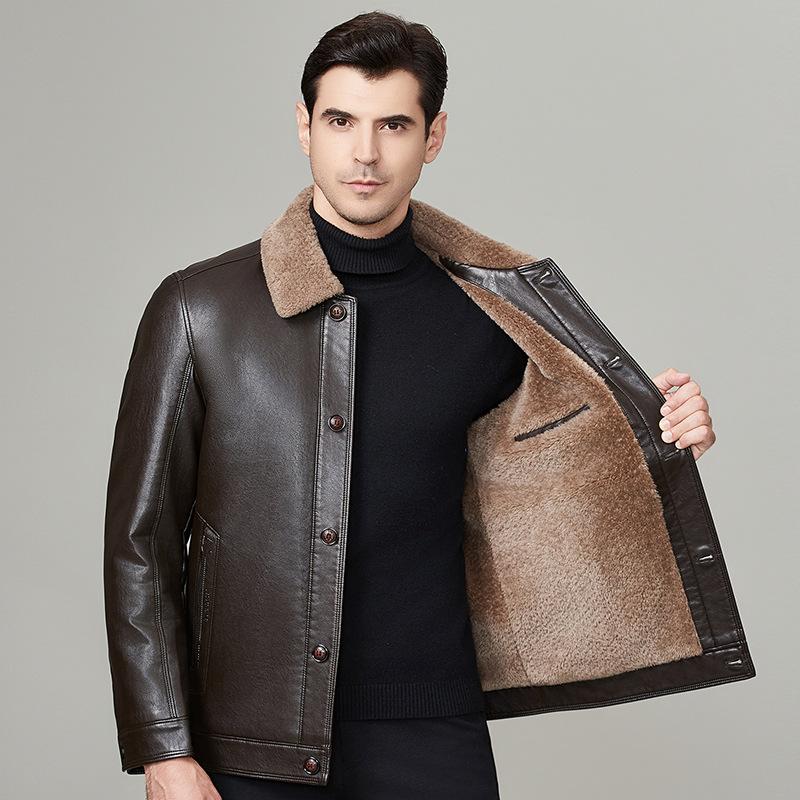 Genuine Leather Jacket for Men with Velvet and Thickened Sheep Fur One-piece Daddy Lapel Leather Jacket