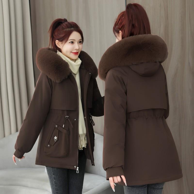 Womens Mid-Length Winter Parka Fleece Lined Hooded Cotton Coat With Fur Trim Korean Style Solid Color Warm Outerwear
