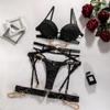 Fancy Metal Chain Sexy Lingerie 5Pcs Sets Luxury Hollow Out Bras And Panties Garters Underweat Suit Sensual Erotic Intimate Set