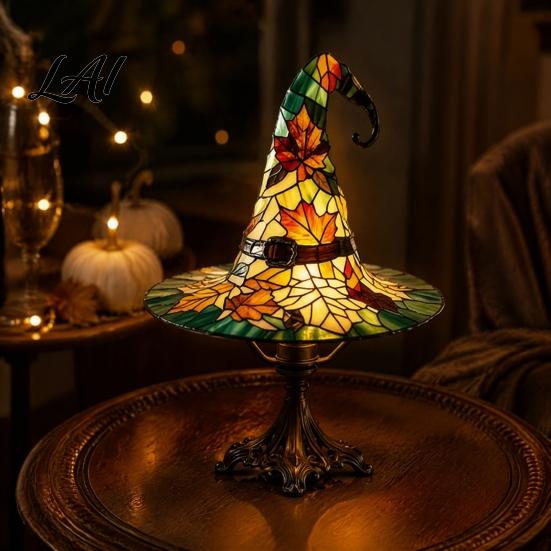 Maple Leaf Pattern Light Retro Witch Hat Desk Lamp USB Plug-in Night Light Stained Glass Style Resin Table Handcrafted Accessory Lamp for Halloween