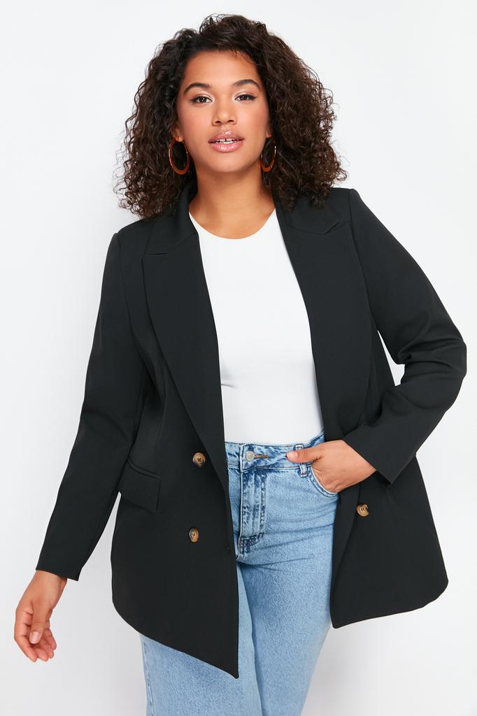 Women's Fashion New Big Size Jacket Black Oversize Lined Double Breasted Closure Woven Blazer Jacket