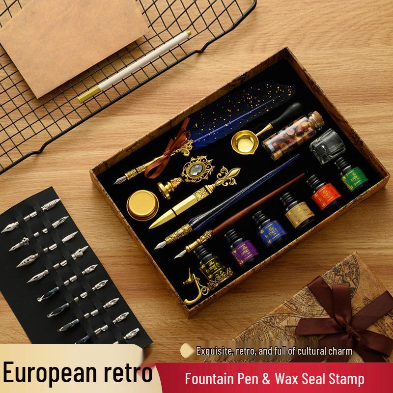 British Style Gold Splatter Feather Pen Set with Custom Logo - Ink Dipping Set, Birthday Gift