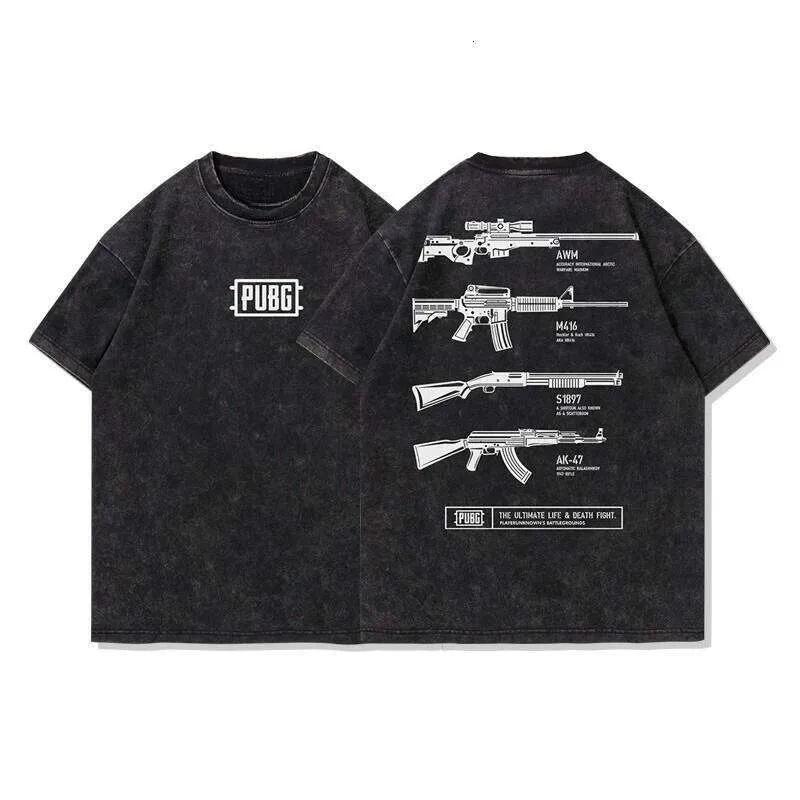 450. Pubg Men's American Retro Military T-Shirt Loose Street Style Short-Sleeved Tees Washed Cotton Aged Tops Summer 2026