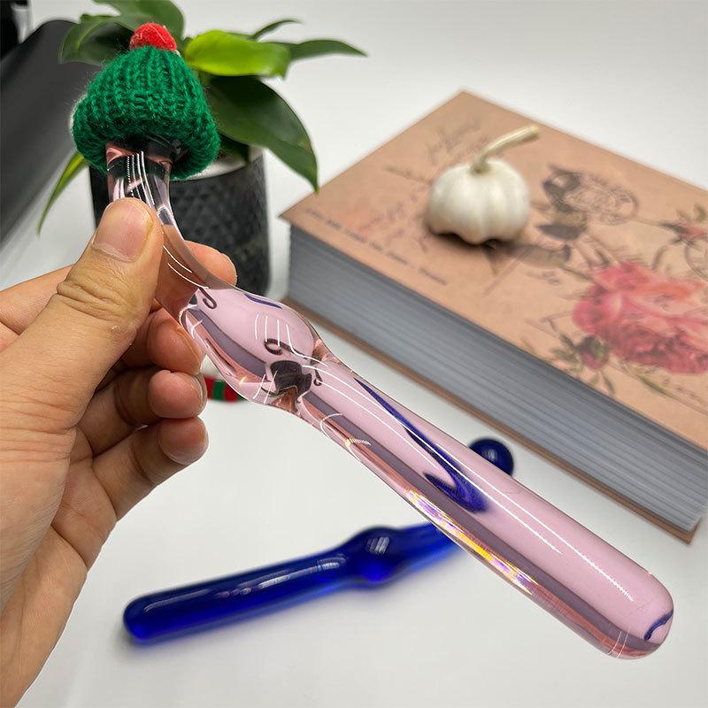 Стеклянная пробка-заглушка на присоске с вязаной шапкой в розовом и синем цветах, из высокоборосиликатного стекла