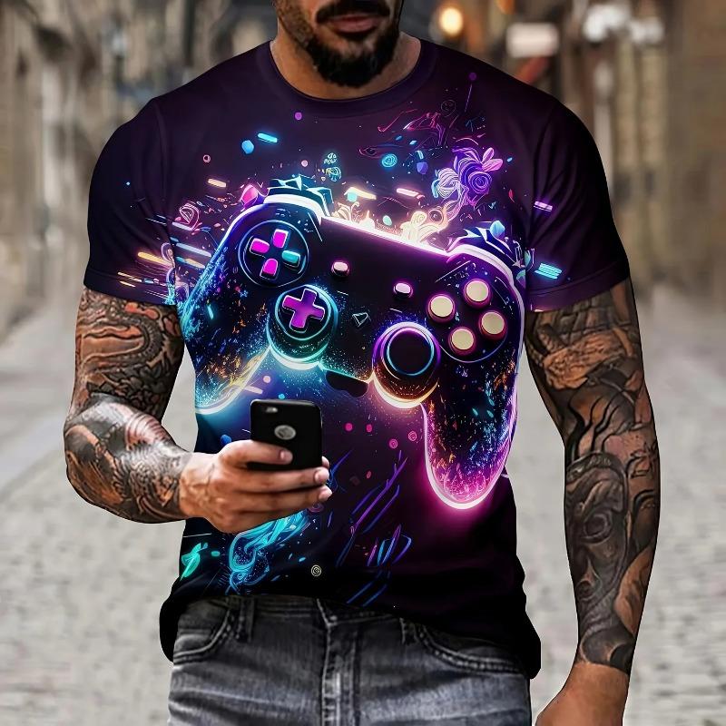 Men's T-Shirt Artistic Color Entertainment Game Controller Pattern Splicing 3D Printed Casual Short Sleeved Fashionable Clothes