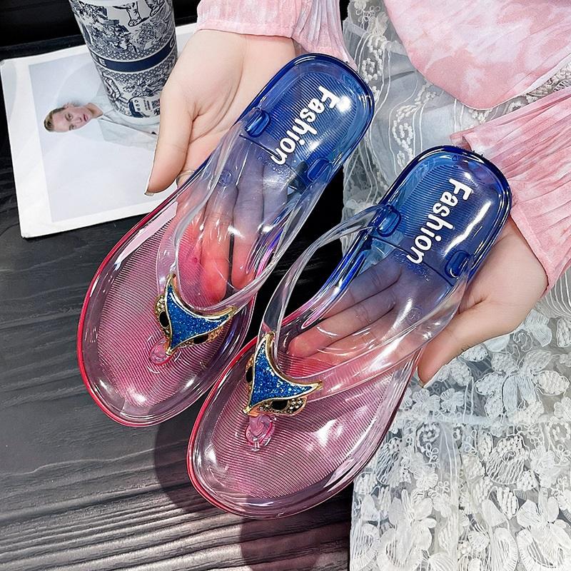 Crystal Flip-flops Women's Flat-bottomed Outdoor Slippers Women's Layered Jelly Beach Shoes Clip Toe Casual Slippers