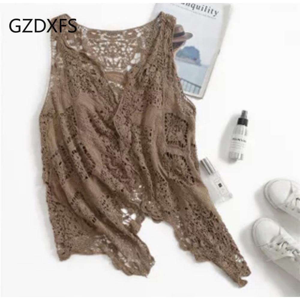 Outside Take Thin Sleeveless Lace Cardigan All-match Shawl Beach Clothes Sunscreen Clothes Women Hollowed Out Air Conditioning Shirt Tide