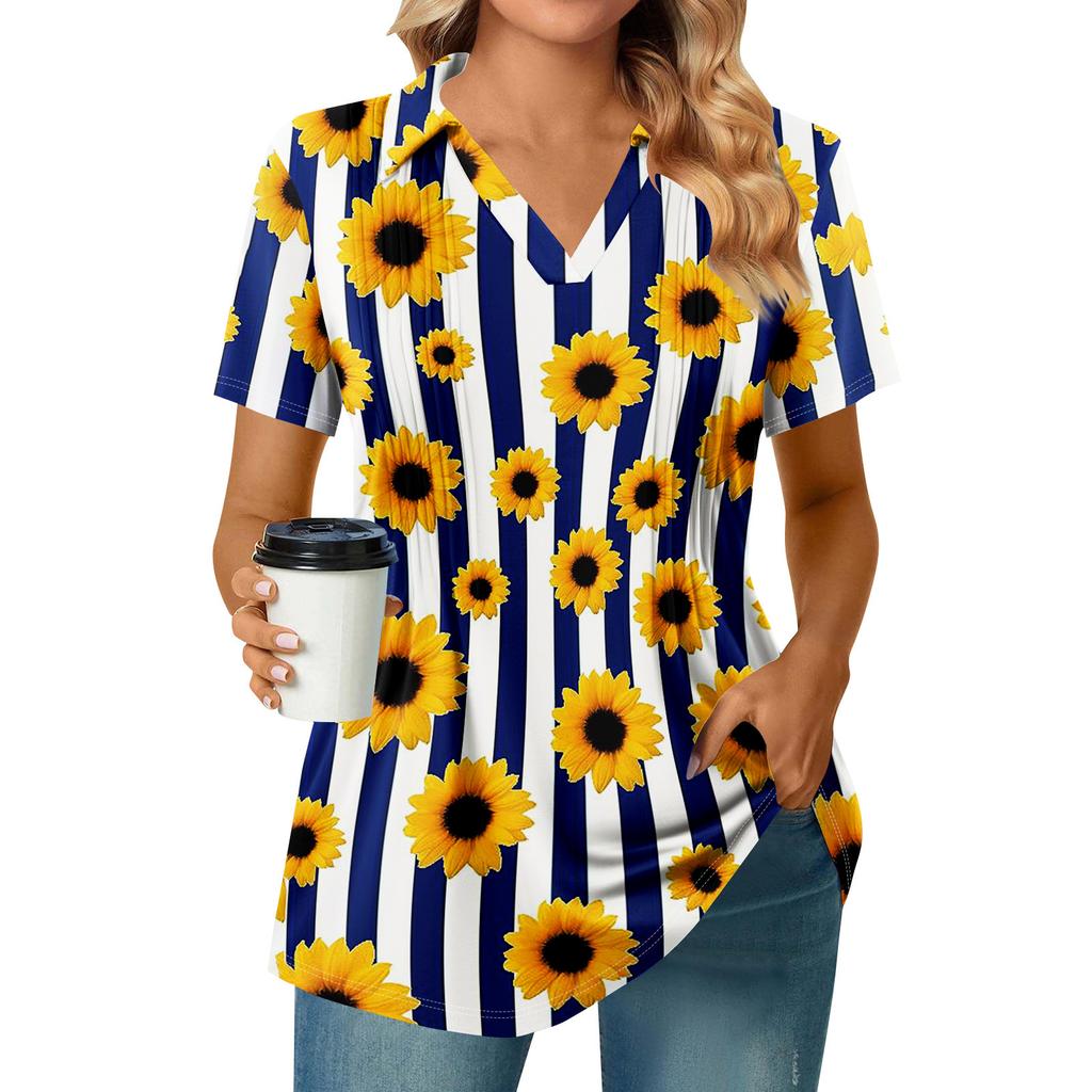 Women's Pleated V-neck Short Sleeved Sunflower Print T-shirt Business Casual Shirt