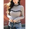 Spring Autumn Women Half High Collar Full Sleeve Ruffles Knitted Sweater Pullover Tops
