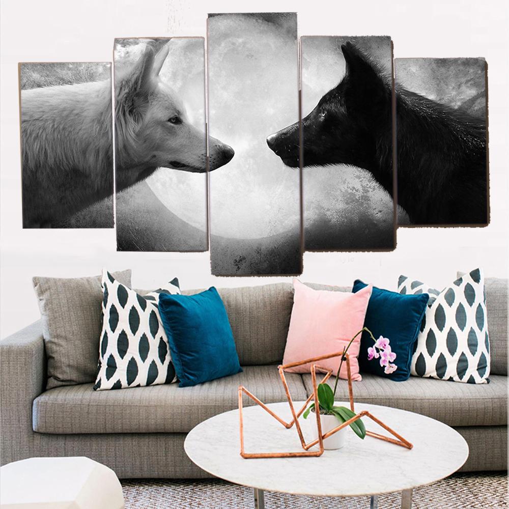 Картина на холсте, 5 шт., черно-белые волки, HD принты, плакат, настенное искусство, современные модульные картины, украшение для дома без рамки