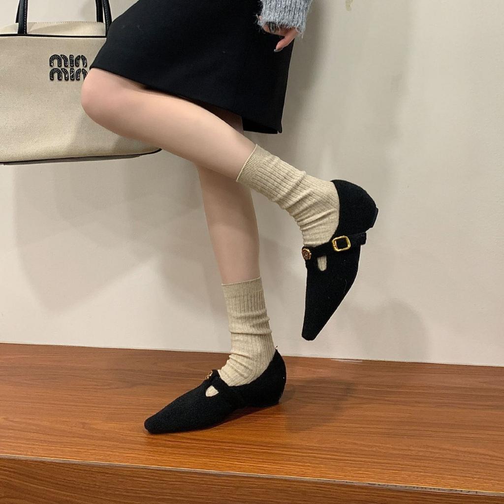 2025 New Pointed Inner Thick Heel Woolen One-word Buckle Versatile Commuter Soft Sole Foot Cover Women's Warm Single Shoes