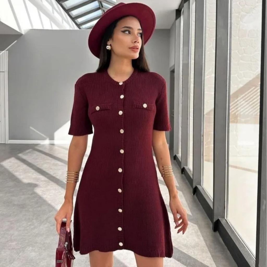 Elegant Knit Mini Dress Women Street Slim High Waist Short Sleeve Rib Sweater Dresses Vacation Bodycon Knitwear Dress