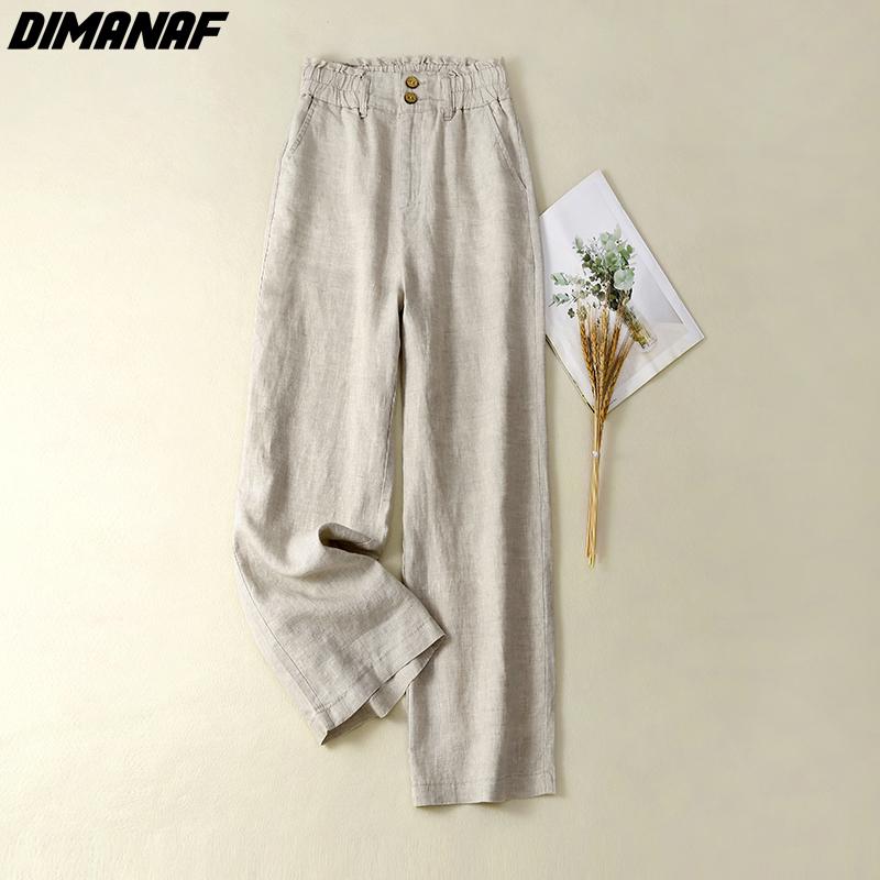 Dimanaf Plus Size 2022 New Women Linen Wide Leg Pants Summer Elastic Vintage Solid Loose Long Pants