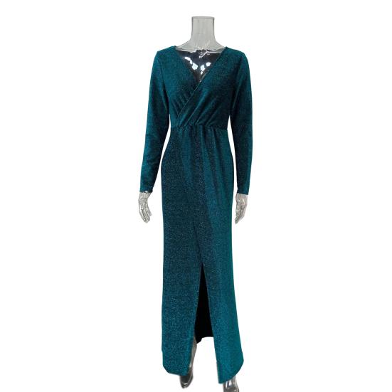 Женское вечернее платье с глубоким V-образным вырезом, декором из пайеток, длинными рукавами, эластичным поясом, плиссированным разрезом по низу, однотонное, для торжественных случаев, свадебных вечеринок, выпускного вечера, макси-платье