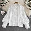 Кружевная вязаная крючком женская рубашка с длинным рукавом, осенняя повседневная элегантная женская свободная блузка с воротником-стойкой, полый топ, модная женская одежда 29919