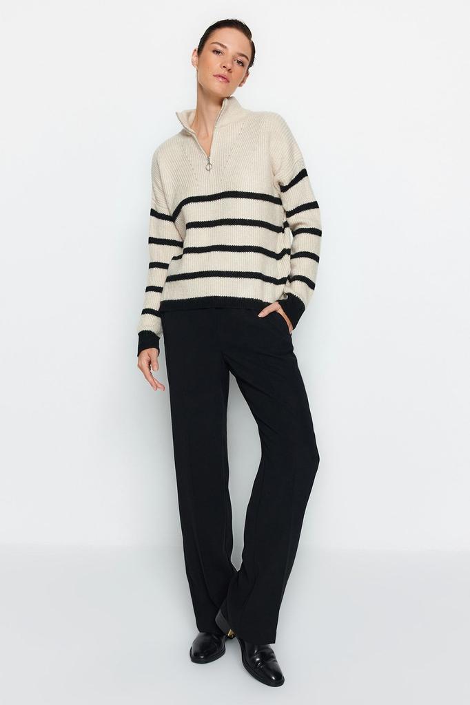 Женский свитер в элегантном стиле, мягкий текстурированный трикотаж в полоску на молнии, свитер с камнем