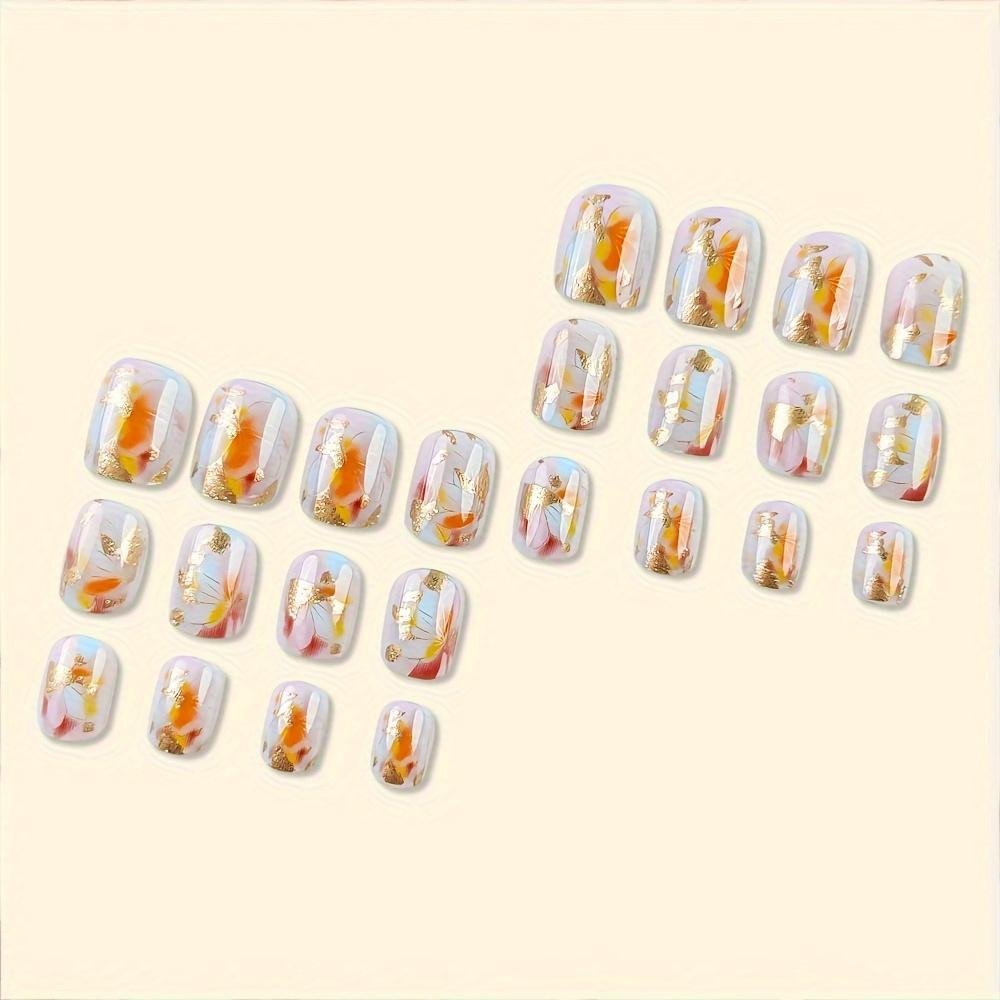 24 шт. многоразовых розовых цветочных глянцевых квадратных коротких накладных ногтей с золотыми блестками для женщин - набор для накладных ногтей