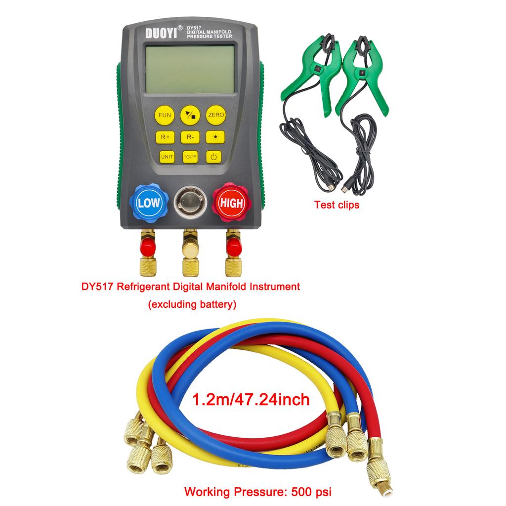 DY517 Digital AC Refrigerant Gauge Kit, HVAC Vacuum Pressure Meter, Electronic Manifold (Batteries Not Included)