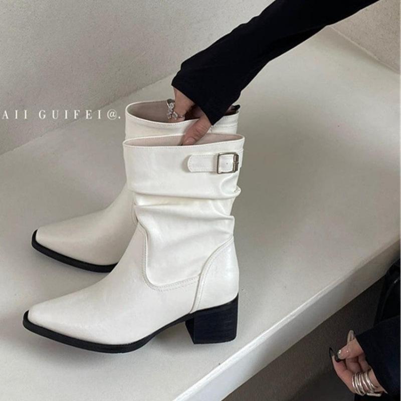 2025 Autumn and Winter New Fashion Retro Pointed Pleated Piled Boots Femininity Thick Heel Western Cowboy Boots