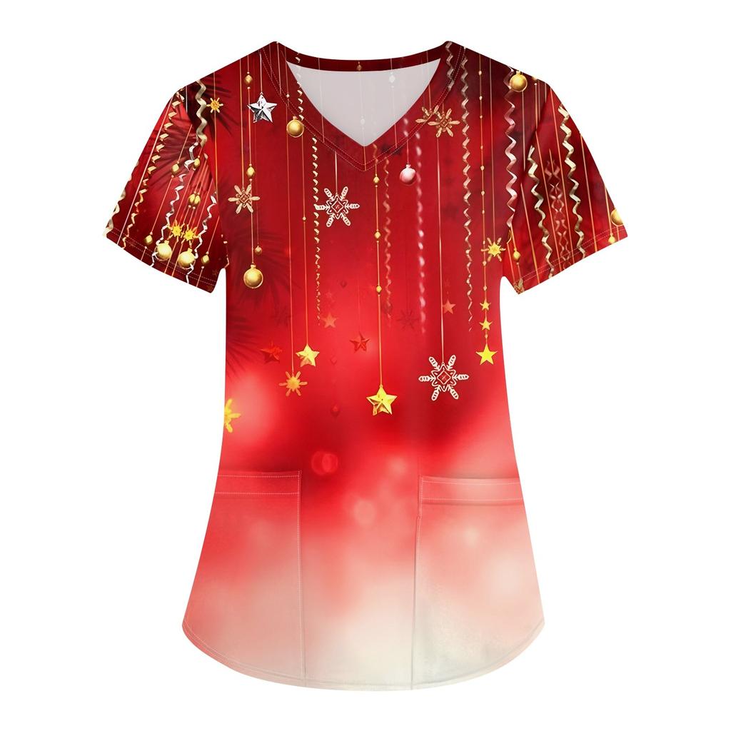 Women's Fashion V-neck Short Sleeve Workwear With Pockets Christmas Printed Tops