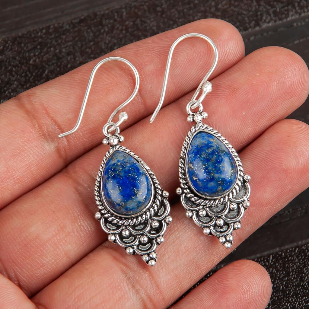 Natural Lapis Lazuli Gemstone 925 Sterling Silver Jewelry Handmade Hook Earrings EE-85-31