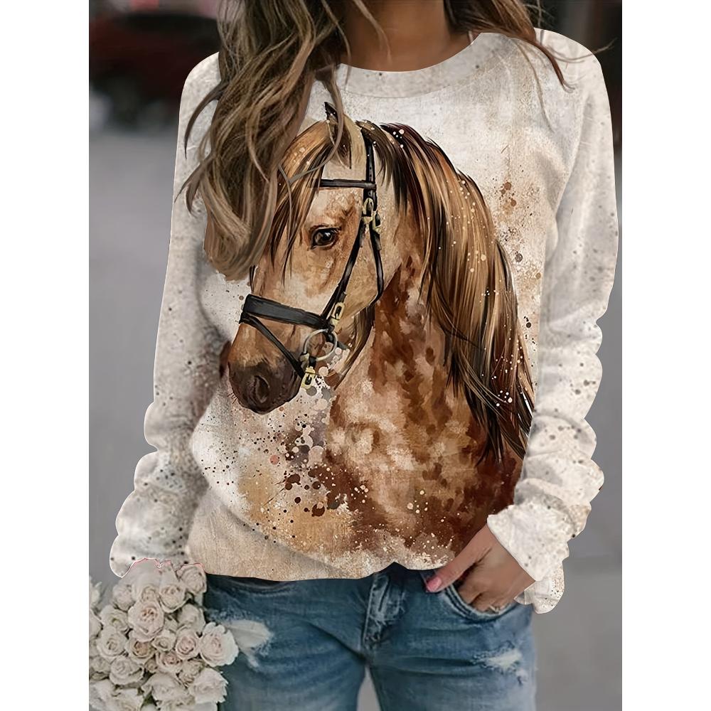 Fashion Women's Sweatshirt Horse Graphic Print Sweatshirt for Women Casual Long Sleeve Crew Neck Pullover Y2k Women's Clothing