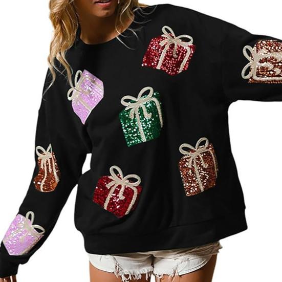 Women Christmas Sweatshirt Sequin Gift Box Pattern Colorful Round Neck Long Sleeve Loose Mid Length Pullover Party Holiday Top