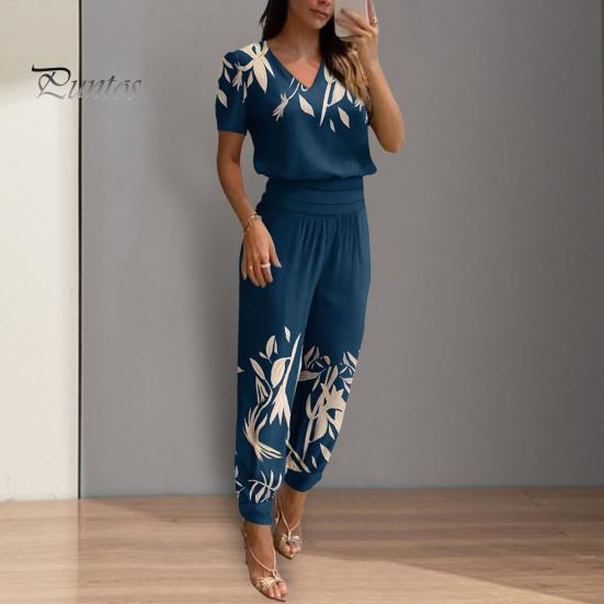 2Pcs/Set Chic Short Sleeve Shrinkable Cuffs Loose Outfit Lady Short Top Long Wide Leg Sweatpants Set Streetwear