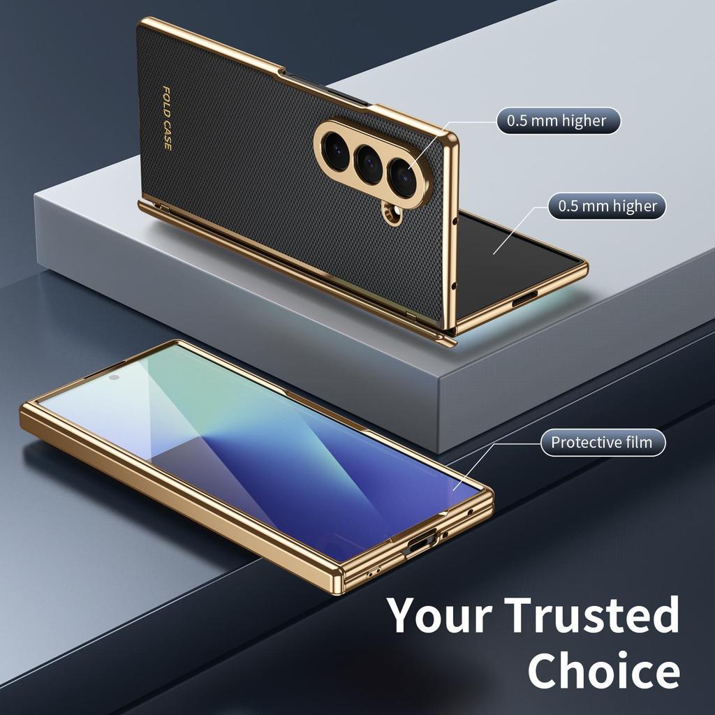 Чехол для Samsung Z Fold7: Складной, с гальваническим покрытием, узор «ромб», однотонная кожа, полное покрытие для Fold6/5, трансграничная совместимость.