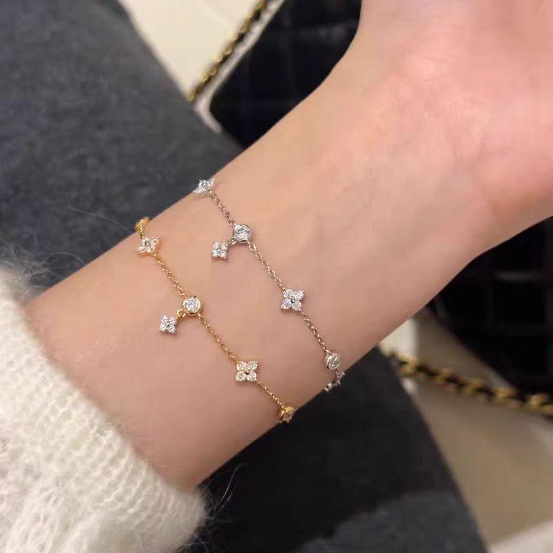Jkeli 925 Sterling Silver Plated 18k Gold Shiny Zircon Flower Bracelet for Women Girl Korean Temperament Exquisite Jewelry Gifts