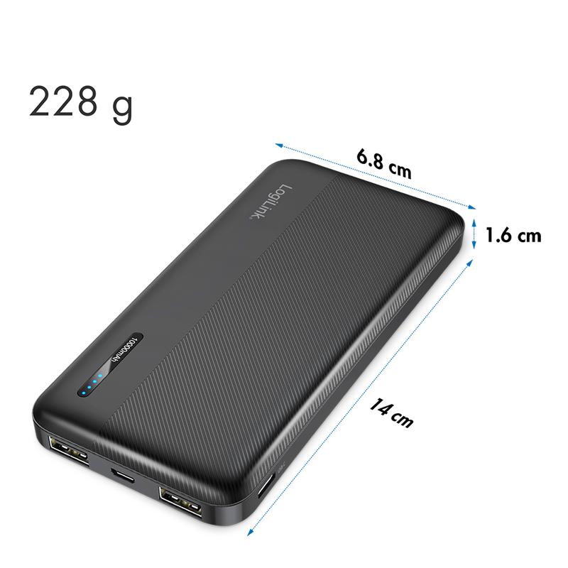 Powerbank 10000 mAh Fast Charging LogiLink USB-C + 2x USB-A LED Black