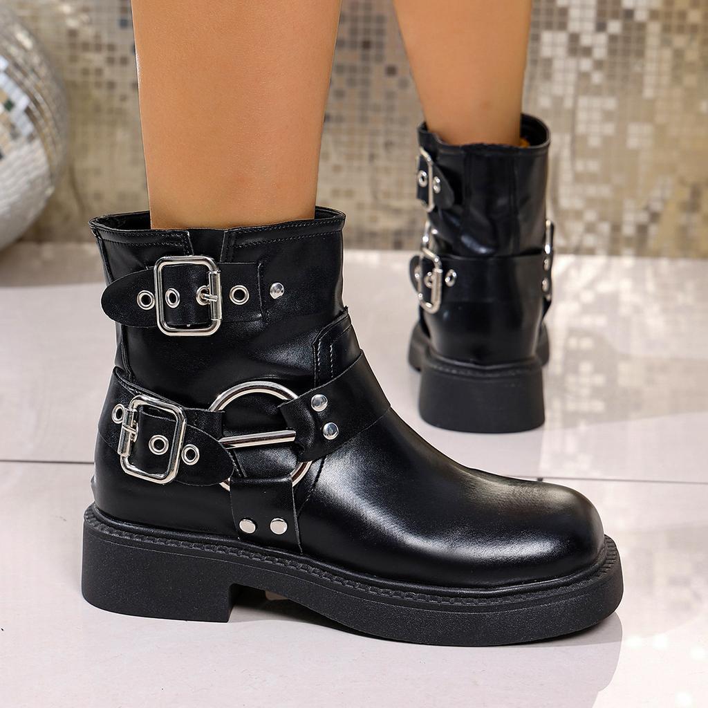Fashion Punk Metal Belt Buckle Decoration Ankle Boots Women 2025 Autumn Medium Heel Slip On Western Booties Bohemia Brown Riding Boots