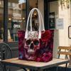 Gothic Skull Rose Pattern Tote Bag Large Capacity Stylish Daily Shoulder Handbag