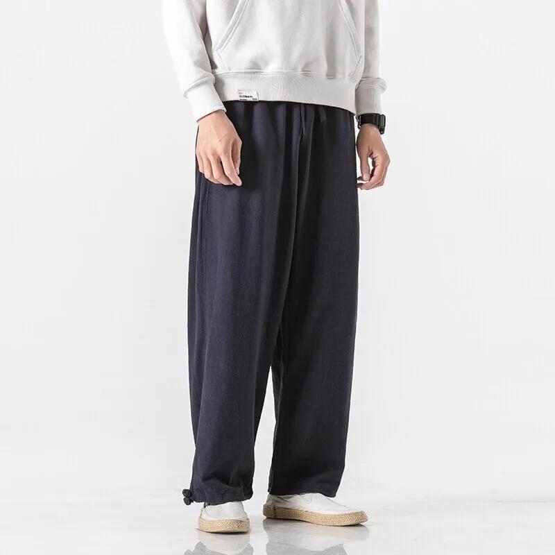 Men Linen Pants Summer Japanese Casual Streetwear Harajuku Cotton Baggy Pants Male Solid Color Oversized Bloomers Trousers