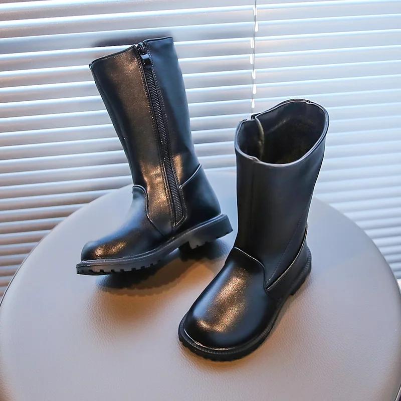 Girls Long Boots Black PU Leather Kids High Boots 2024 Autumn Winter Fashion Warm Fur Children Motorcycle Boots Simple Classic