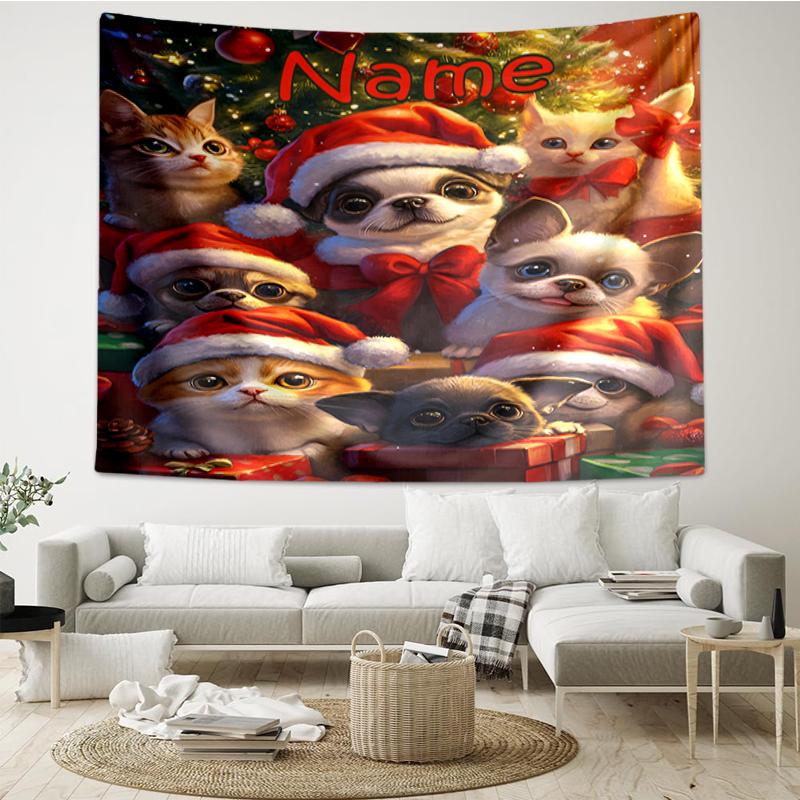 Custom Name Christmas Dog Print Tapestry, Backdrop, Easy Setup, Ideal for Bedroom, Office & Living Room, with Aesthetic Wall Hanging Decor.