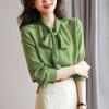Women's Green Polka Dot Tie Collar Long Sleeve Casual Blouse