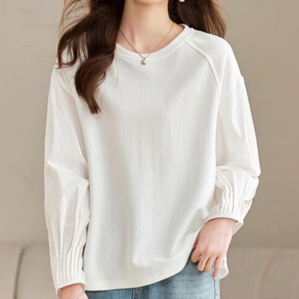 Navava Unisex NT3200 Daily Solid Shirred Sleeve Round Neck Long Sleeve T shirT