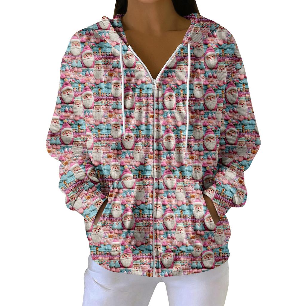 Женская повседневная модная вязаная толстовка с длинными рукавами и застежкой-молнией, с рождественским принтом