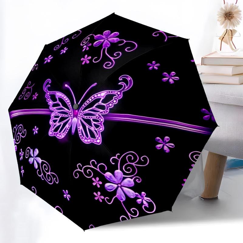 1pc Butterfly Purple Floral Art Automatic Folding Umbrella, 8-Rib Iron Frame, Casual Outdoor Accessory for Birthday Festival Gifts yy251128187