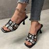 Fashion 2024 New Summer Stiletto Slippers, Square Toe, Open Toe, Sexy High Heel with Print, Stylish and Comfortable