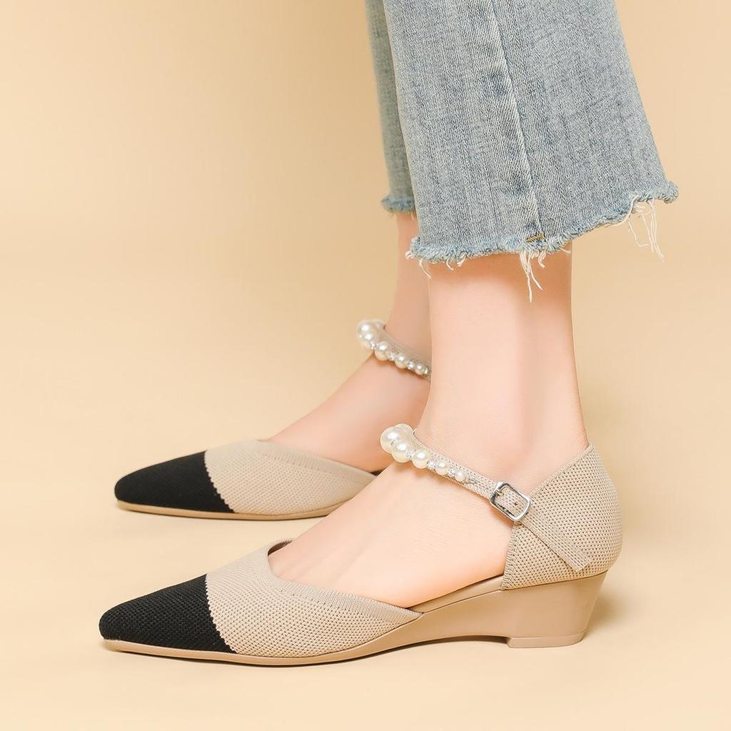 Женские весенние туфли на каблуках с острым носком, повседневные туфли с неглубокой горловиной и полой пряжкой, однотонные туфли с жемчужным принтом, размеры 34-40