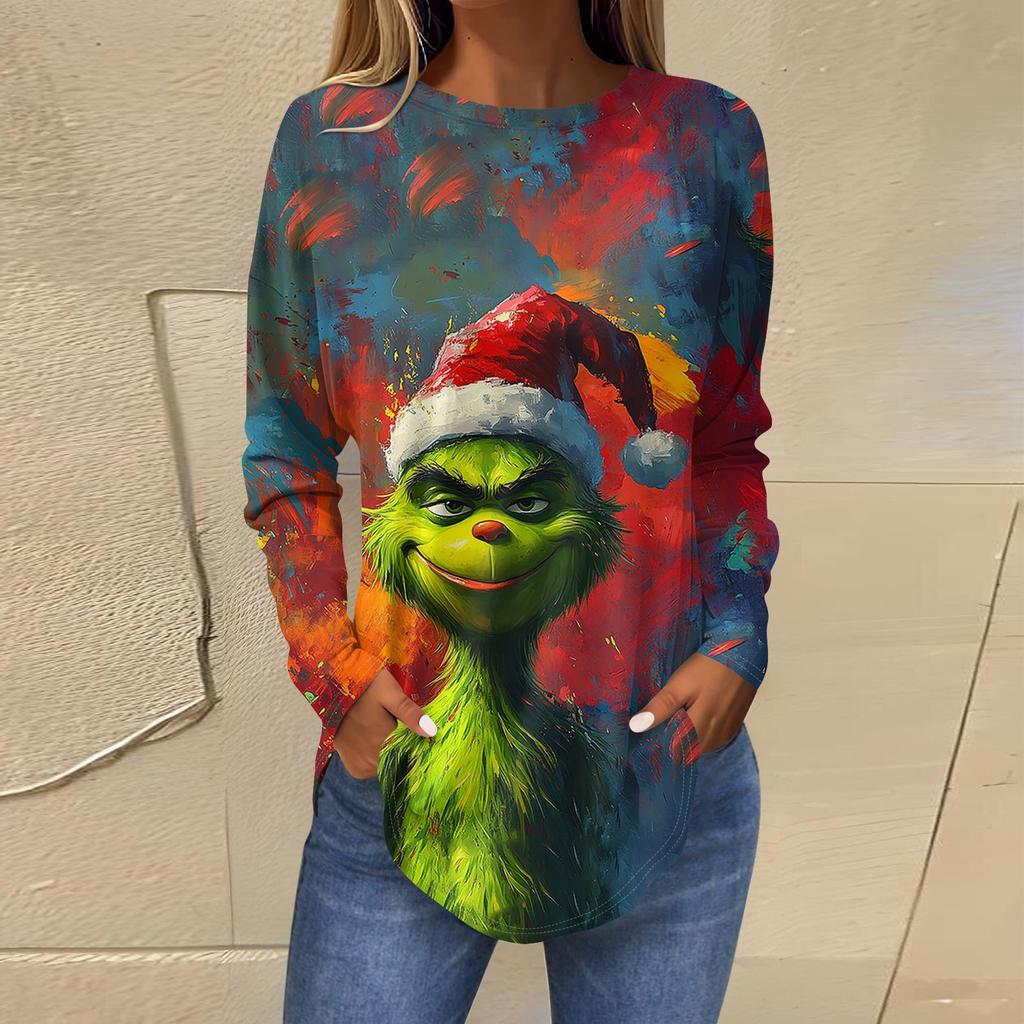 Женская свободная футболка с длинным рукавом с круглым вырезом и принтом, верхний пуловер